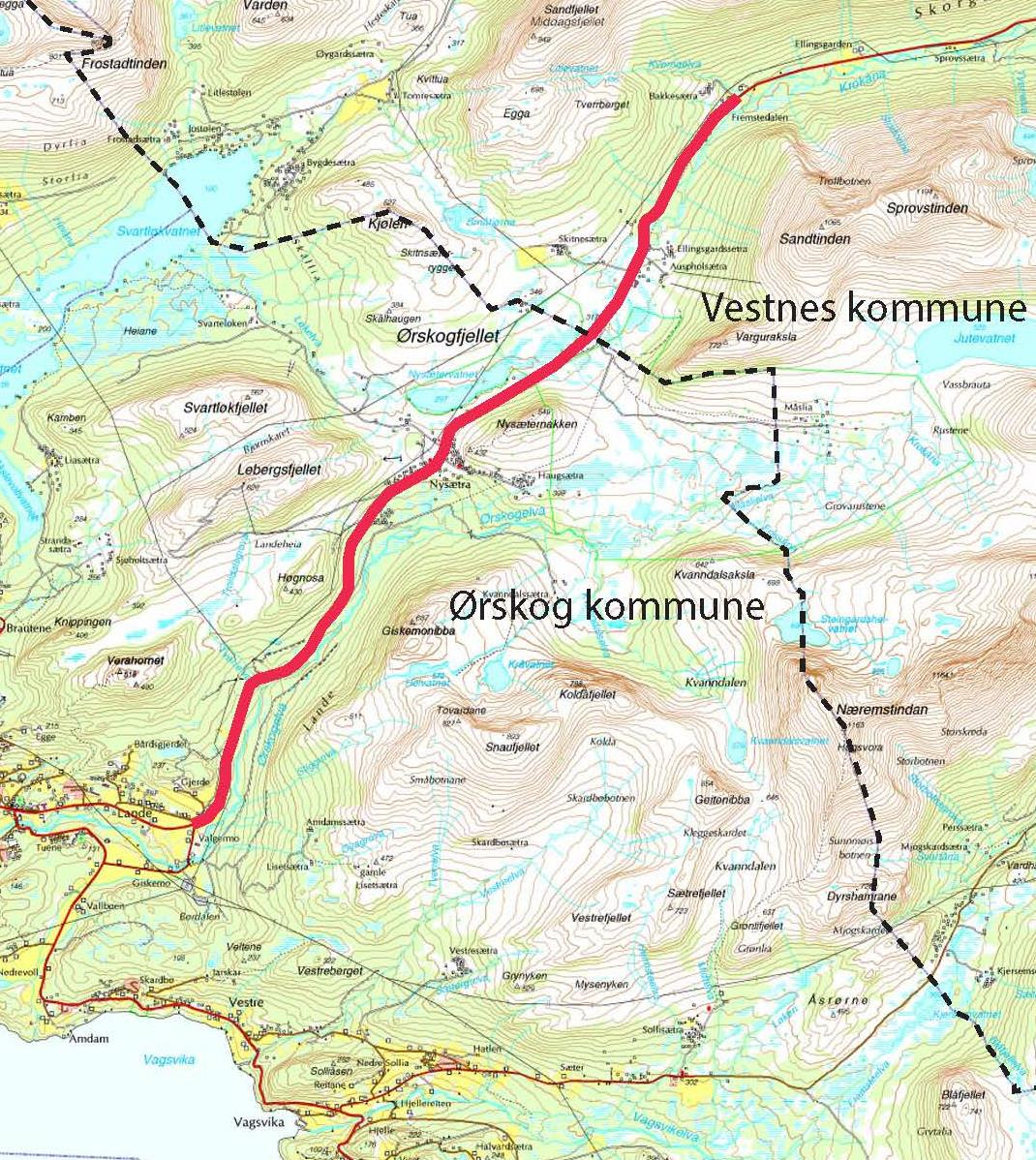 2 Planområde Det ble mai 2013 varslet oppstart av reguleringsarbeid for en lengre strekning (se figur 1) enn det nå er utarbeidet detaljregulering for.