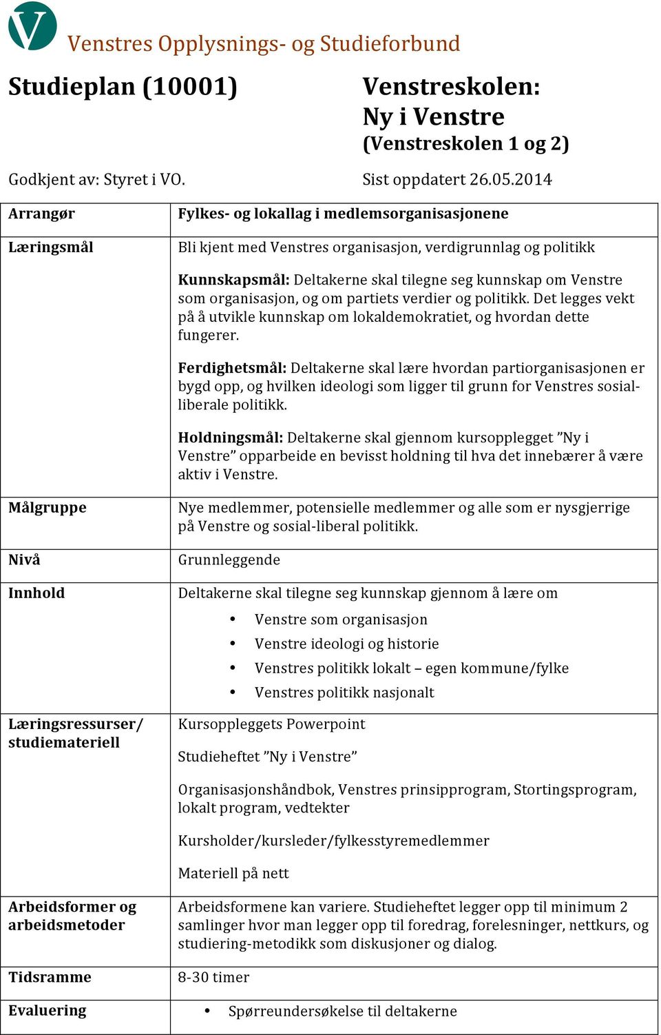 organisasjon, og om partiets verdier og politikk. Det legges vekt på å utvikle kunnskap om lokaldemokratiet, og hvordan dette fungerer.