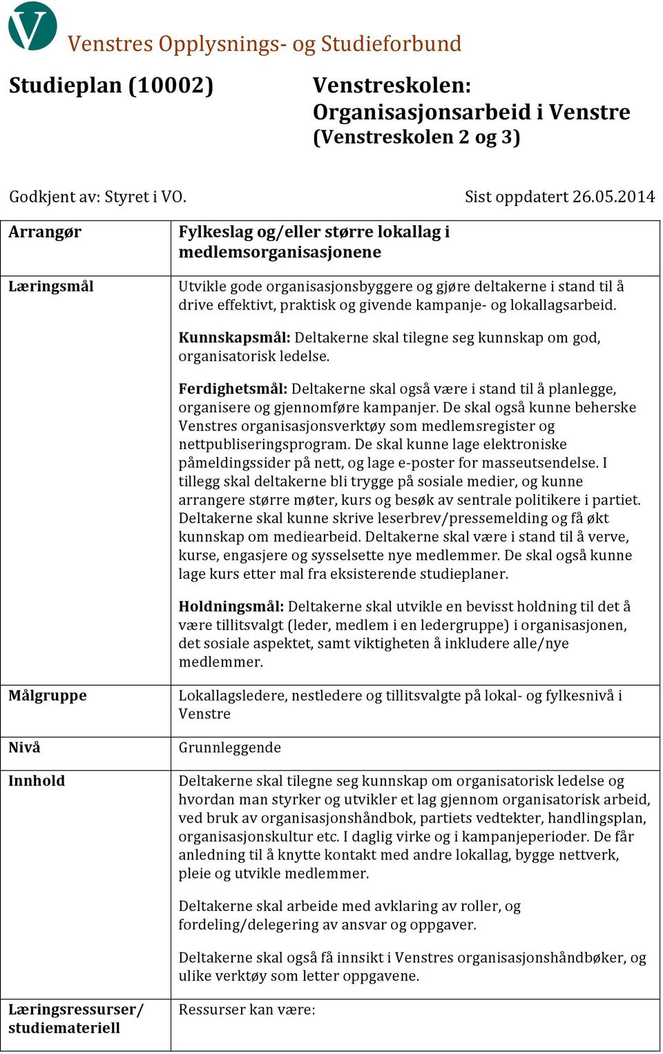 og lokallagsarbeid. Kunnskapsmål: Deltakerne skal tilegne seg kunnskap om god, organisatorisk ledelse.