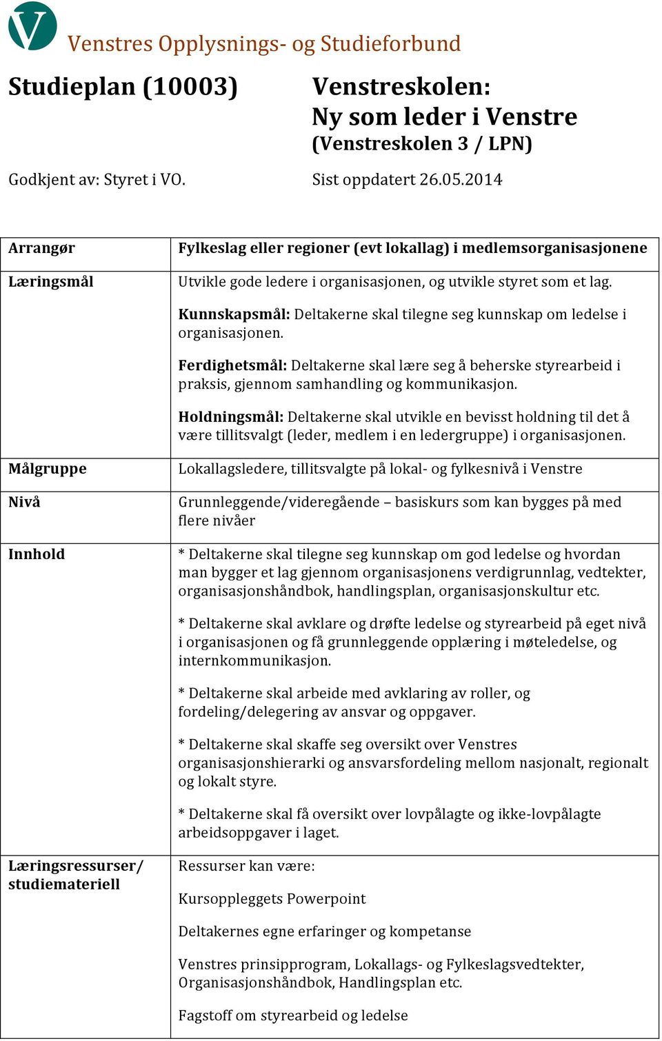 Kunnskapsmål: Deltakerne skal tilegne seg kunnskap om ledelse i organisasjonen. Ferdighetsmål: Deltakerne skal lære seg å beherske styrearbeid i praksis, gjennom samhandling og kommunikasjon.