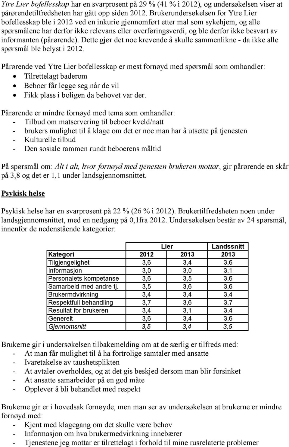 besvart av informanten (pårørende). Dette gjør det noe krevende å skulle sammenlikne - da ikke alle spørsmål ble belyst i 2012.