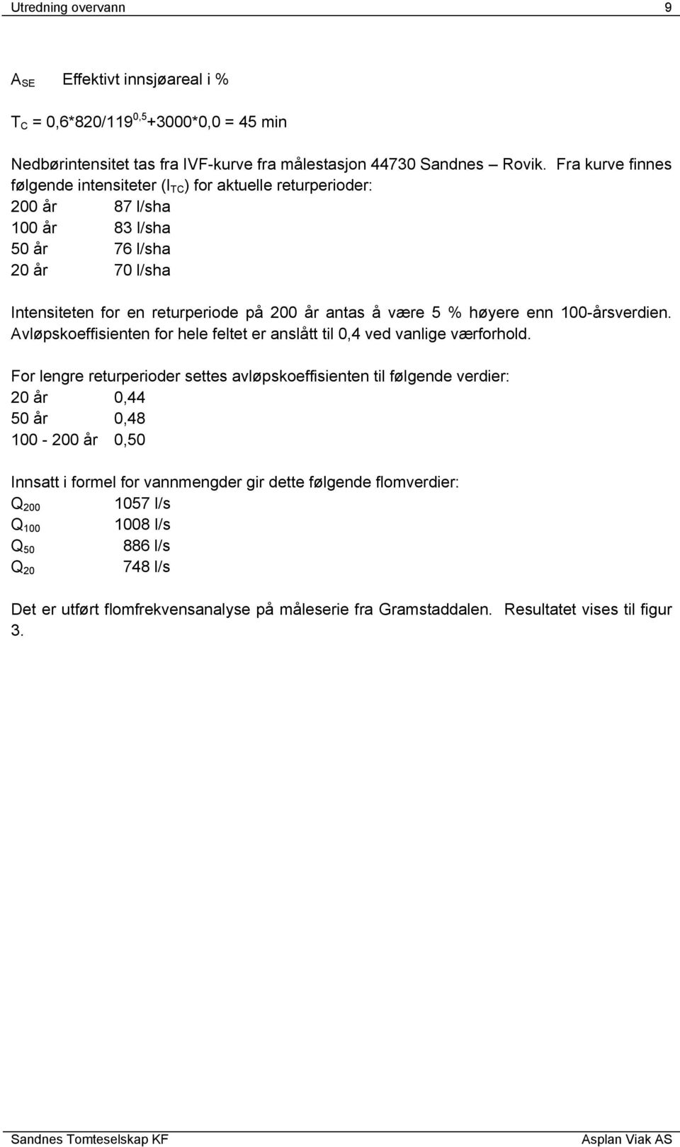 høyere enn 100-årsverdien. Avløpskoeffisienten for hele feltet er anslått til 0,4 ved vanlige værforhold.