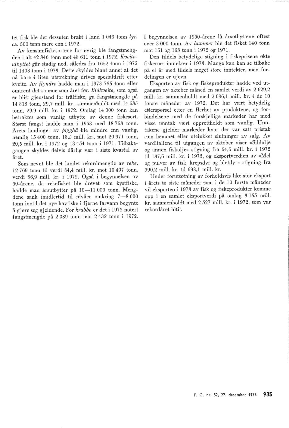 Av fyndre hadde man i 197 75 tonn eer omtrent det sam'ne som året før. Båkveite, som også er bi<tt gjenstand for tråfiske, ga fangstmengde på 14 815 tonn, 9,7 mi. kr.