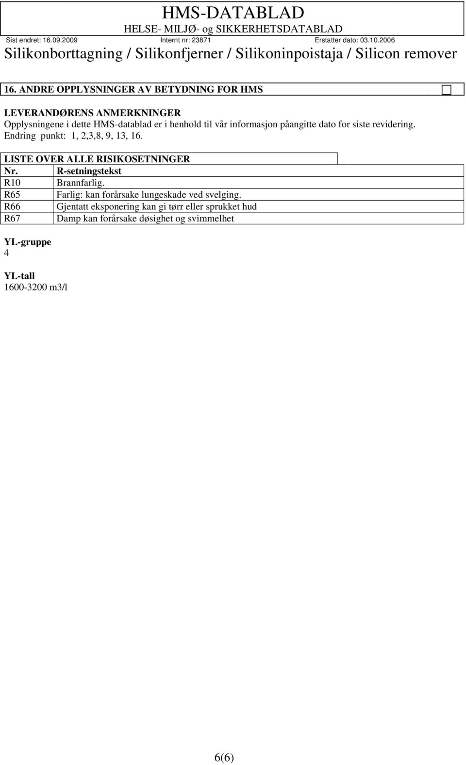 LISTE OVER ALLE RISIKOSETNINGER Nr. R-setningstekst R10 Brannfarlig. R65 Farlig: kan forårsake lungeskade ved svelging.