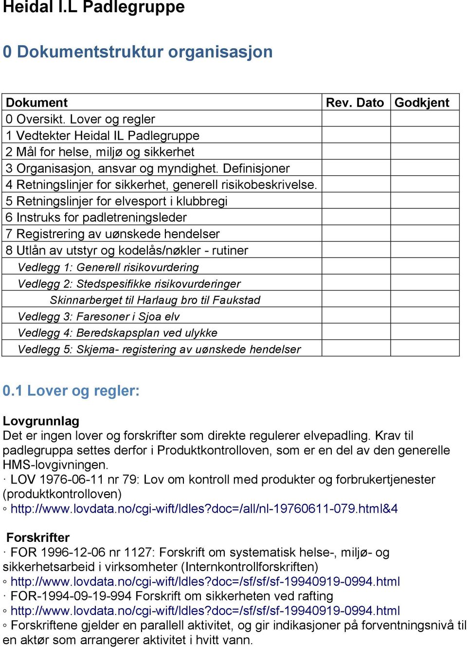 5 Retningslinjer for elvesport i klubbregi 6 Instruks for padletreningsleder 7 Registrering av uønskede hendelser 8 Utlån av utstyr og kodelås/nøkler - rutiner Vedlegg 1: Generell risikovurdering