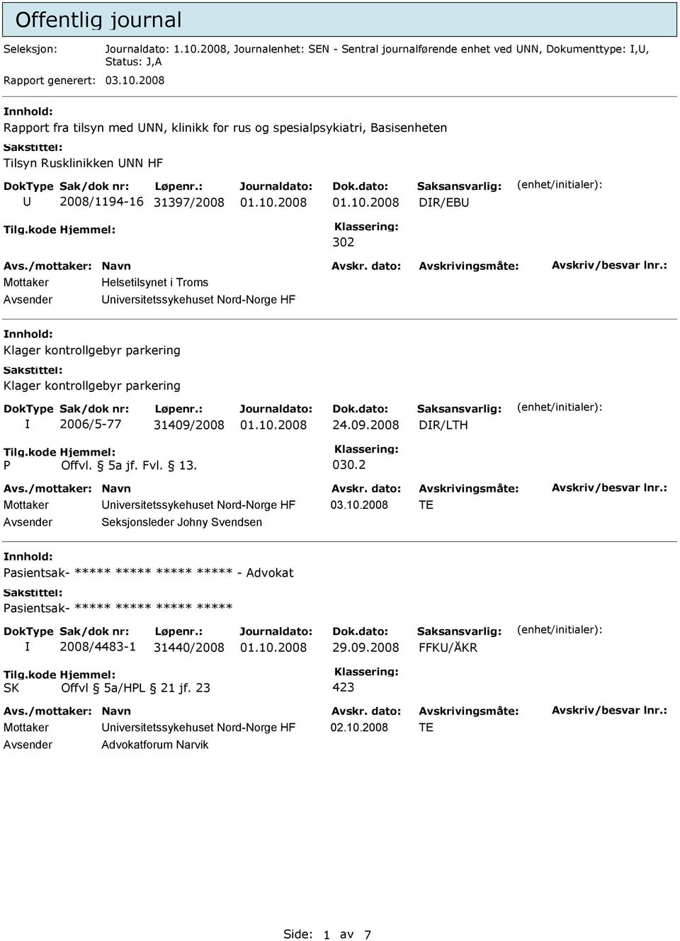 2008 nnhold: Rapport fra tilsyn med UNN, klinikk for rus og spesialpsykiatri, Basisenheten Tilsyn Rusklinikken UNN HF U 2008/1194-16 31397/2008 DR/EBU 302 Mottaker