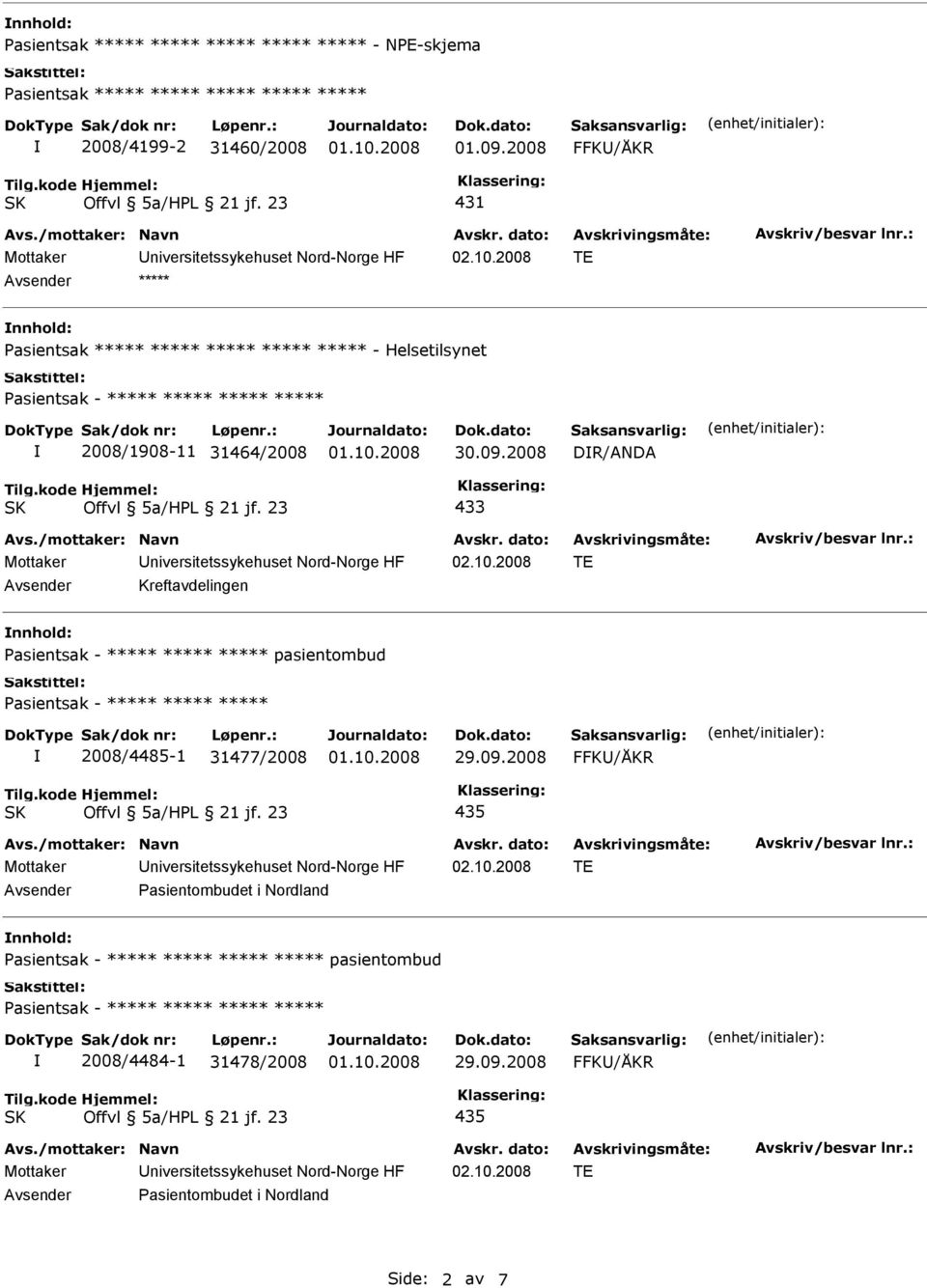 2008 DR/ANDA 433 Kreftavdelingen nnhold: pasientombud 2008/4485-1 31477/2008