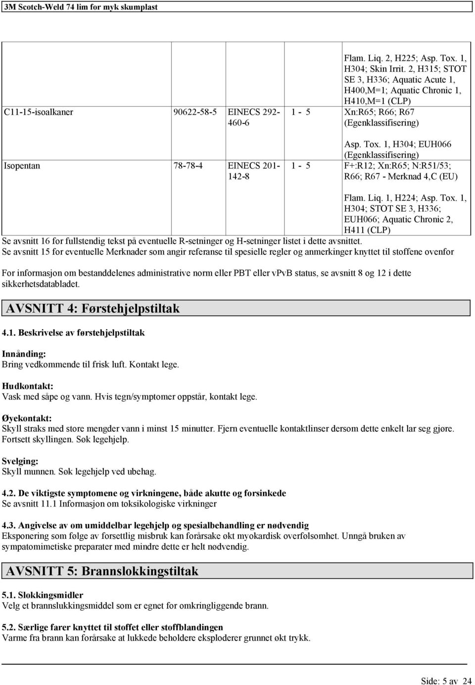 1, H304; EUH066 (Egen) 1-5 F+:R12; Xn:R65; N:R51/53; R66; R67 - Merknad 4,C (EU) Flam. Liq. 1, H224; Asp. Tox.
