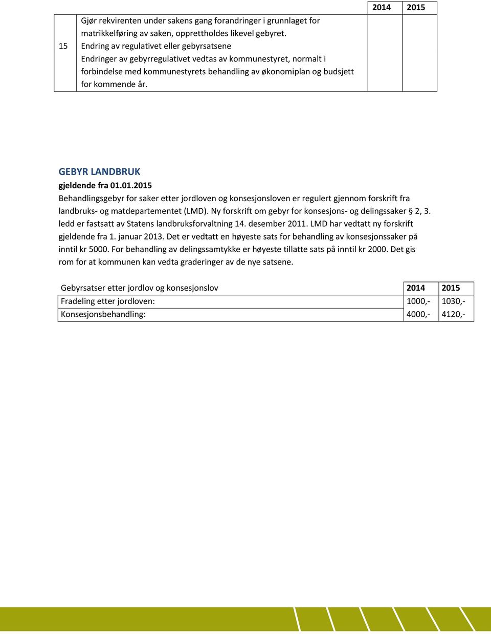 2014 2015 GEBYR LANDBRUK gjeldende fra 01.01.2015 Behandlingsgebyr for saker etter jordloven og konsesjonsloven er regulert gjennom forskrift fra landbruks- og matdepartementet (LMD).