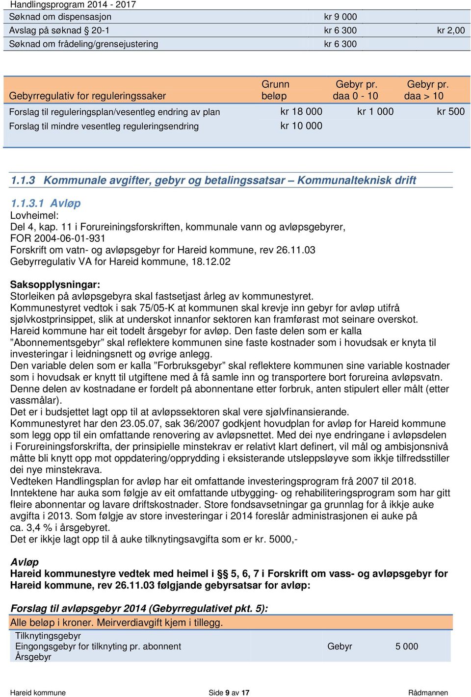 1.3.1 Avløp Lovheimel: Del 4, kap. 11 i Forureiningsforskriften, kommunale vann og avløpsgebyrer, FOR 2004-06-01-931 Forskrift om vatn- og avløpsgebyr for Hareid kommune, rev 26.11.03 Gebyrregulativ VA for Hareid kommune, 18.