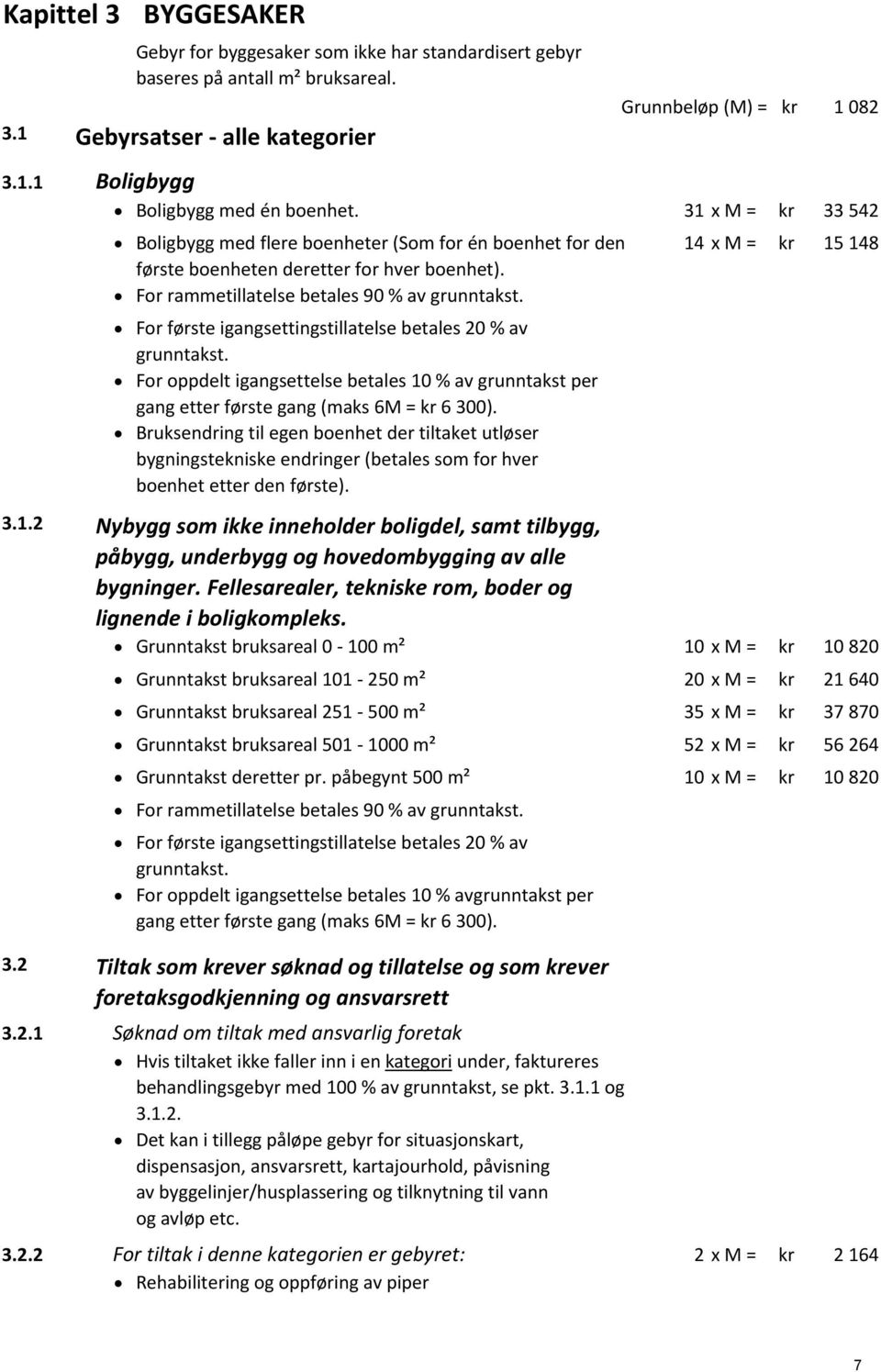 For første igangsettingstillatelse betales 20 % av grunntakst. For oppdelt igangsettelse betales 10 % av grunntakst per gang etter første gang (maks 6M = kr 6 300).