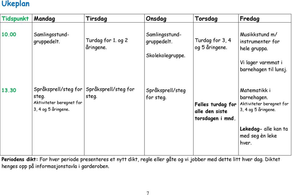 Aktiviteter beregnet for 3, 4 og 5 åringene. Språksprell/steg for steg. Språksprell/steg for steg. Felles turdag for alle den siste torsdagen i mnd. Matematikk i barnehagen.