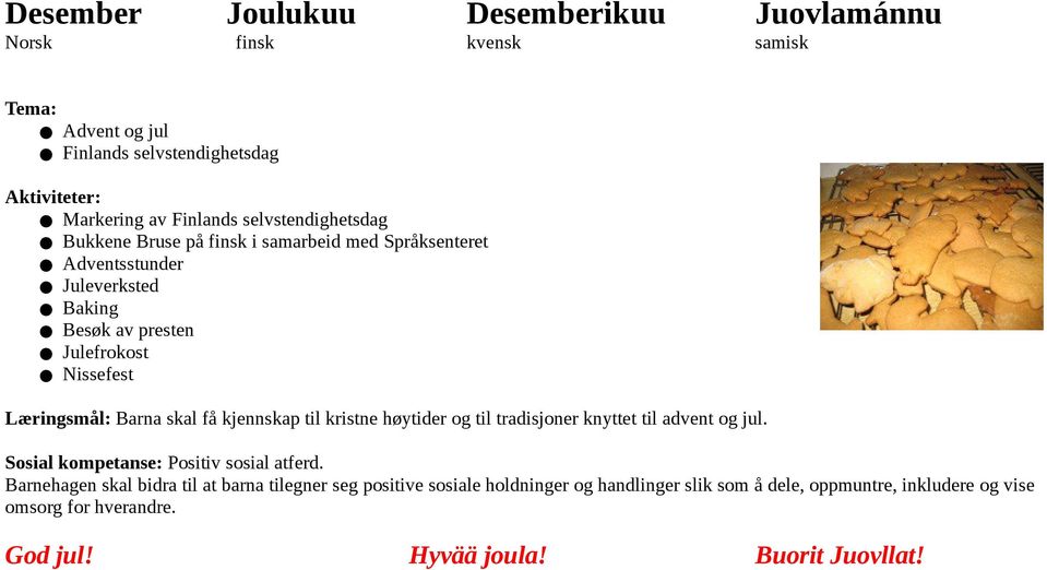 kjennskap til kristne høytider og til tradisjoner knyttet til advent og jul. Sosial kompetanse: Positiv sosial atferd.