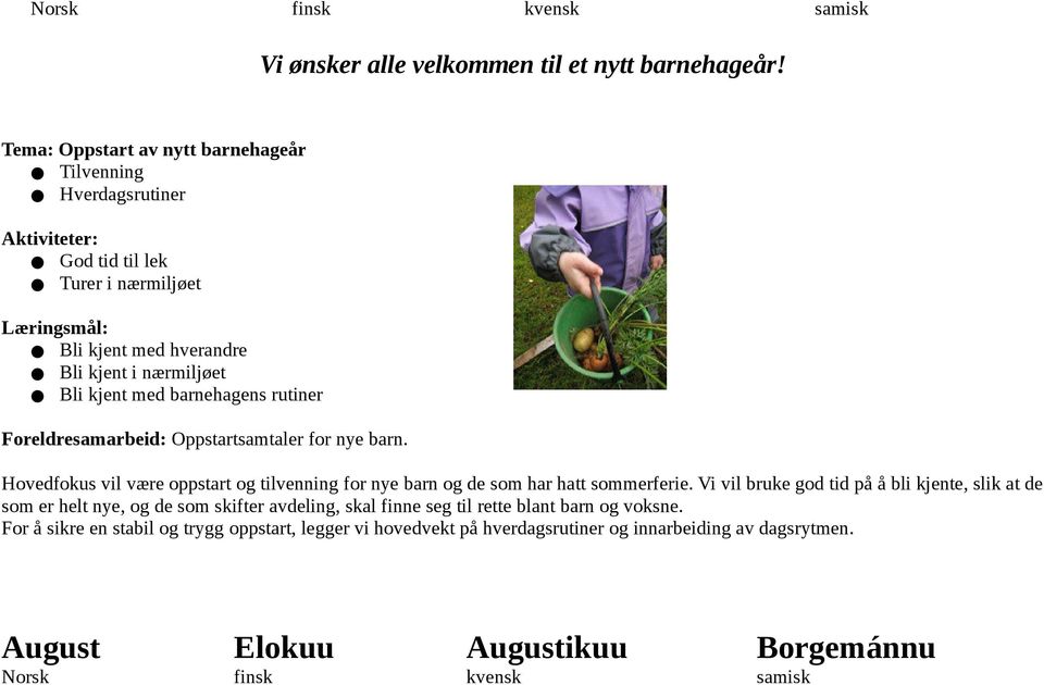 Bli kjent med barnehagens rutiner Foreldresamarbeid: Oppstartsamtaler for nye barn.