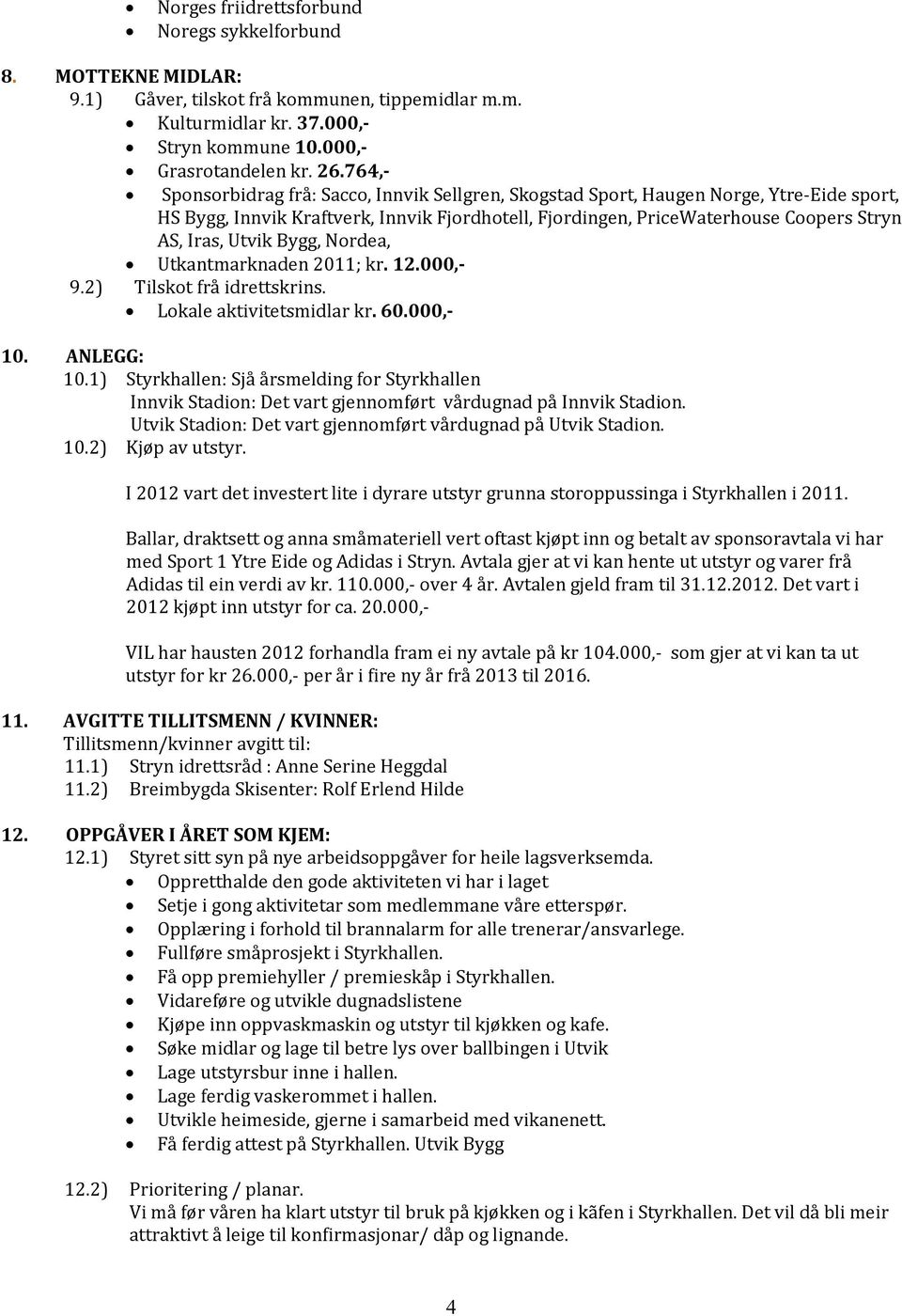 Utvik Bygg, Nordea, Utkantmarknaden 2011; kr. 12.000,- 9.2) Tilskot frå idrettskrins. Lokale aktivitetsmidlar kr. 60.000,- 10. ANLEGG: 10.