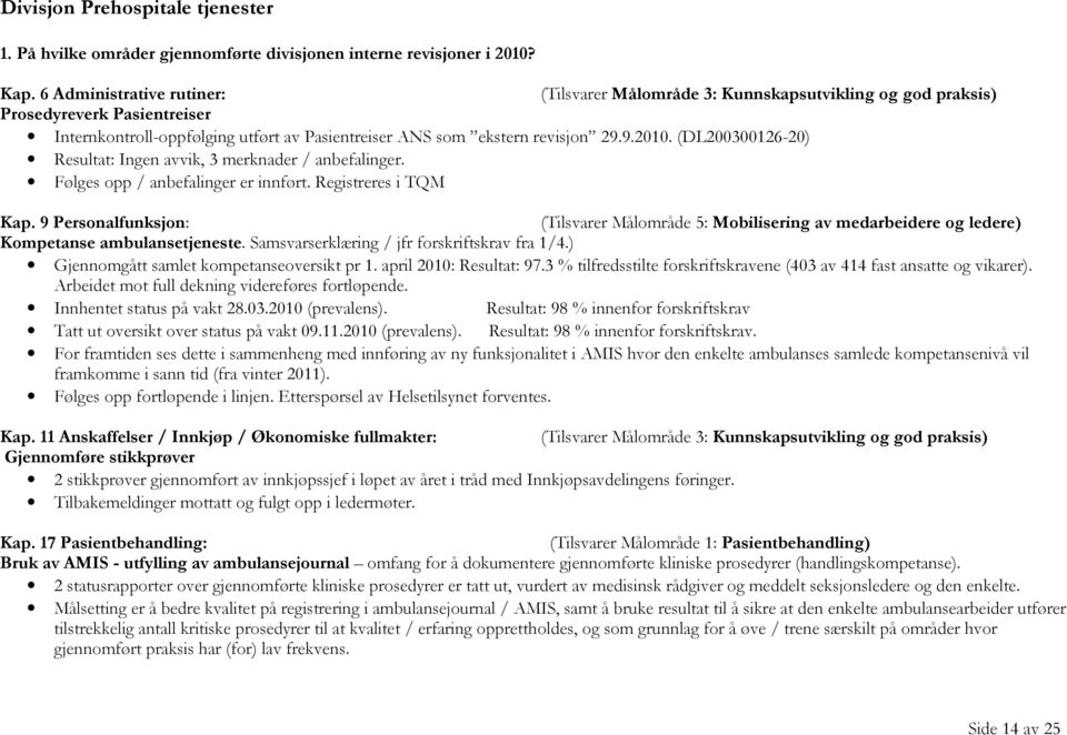 (DL200300126-20) Resultat: Ingen avvik, 3 merknader / anbefalinger. Følges opp / anbefalinger er innført. Registreres i TQM Kap.