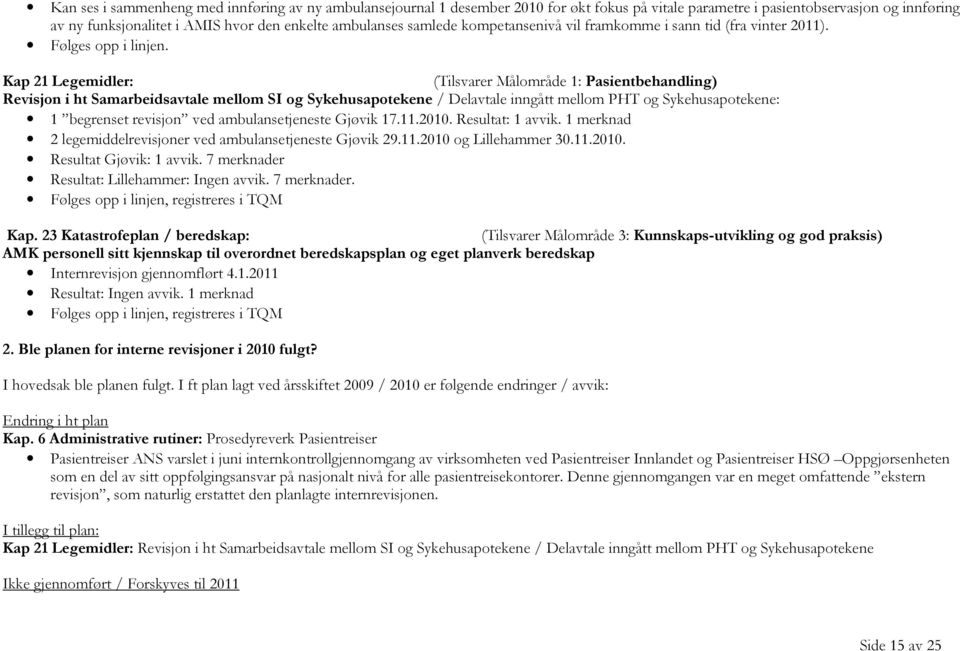 Kap 21 Legemidler: (Tilsvarer Målområde 1: Pasientbehandling) Revisjon i ht Samarbeidsavtale mellom SI og Sykehusapotekene / Delavtale inngått mellom PHT og Sykehusapotekene: 1 begrenset revisjon ved