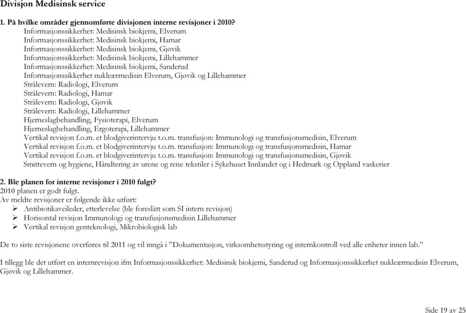 Lillehammer Informasjonssikkerhet: Medisinsk biokjemi, Sanderud Informasjonssikkerhet nukleærmedisin Elverum, Gjøvik og Lillehammer Strålevern: Radiologi, Elverum Strålevern: Radiologi, Hamar