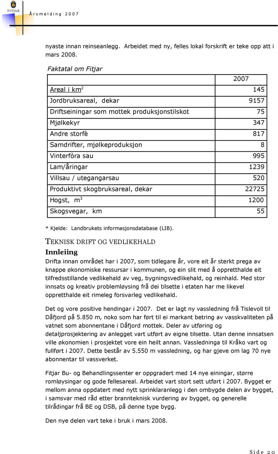 Lam/åringar 1239 Villsau / utegangarsau 520 Produktivt skogbruksareal, dekar 22725 Hogst, m 3 1200 Skogsvegar, km 55 * Kjelde: Landbrukets informasjonsdatabase (LIB).