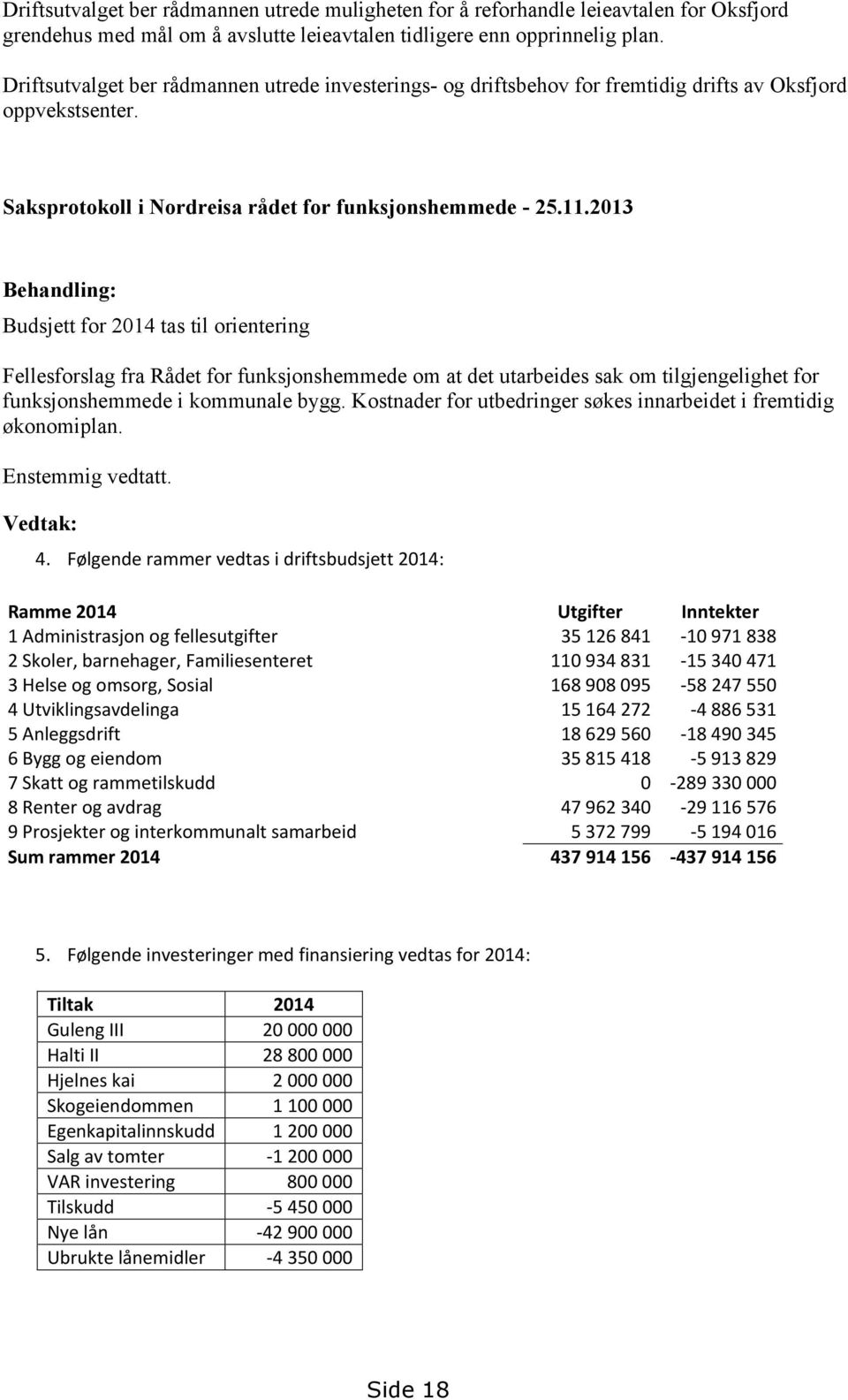 2013 Behandling: Budsjett for 2014 tas til orientering Fellesforslag fra Rådet for funksjonshemmede om at det utarbeides sak om tilgjengelighet for funksjonshemmede i kommunale bygg.