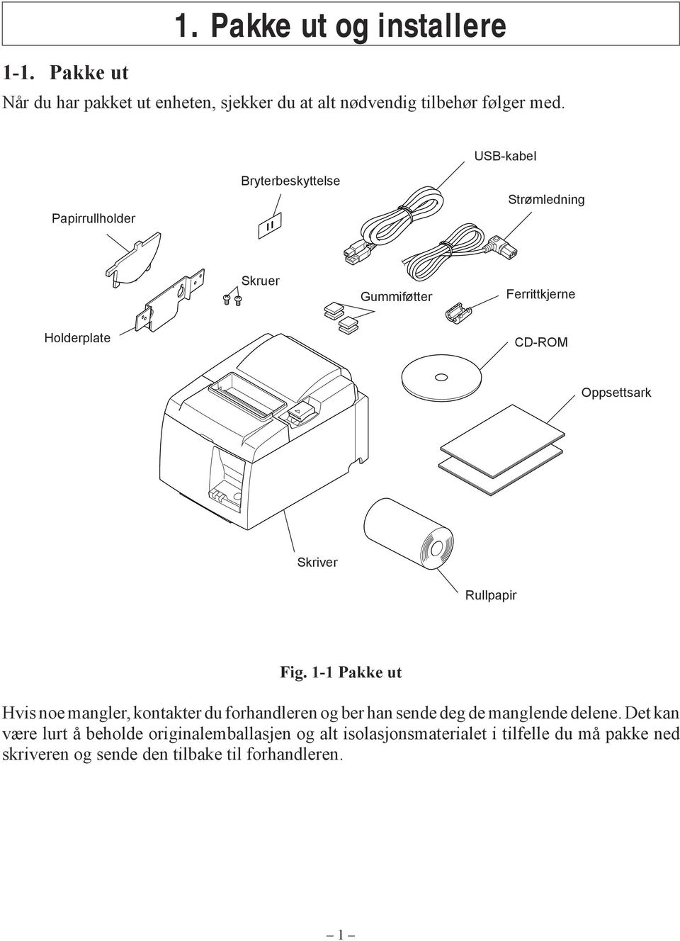 Rullpapir Fig. 1-1 Pakke ut Hvis noe mangler, kontakter du forhandleren og ber han sende deg de manglende delene.