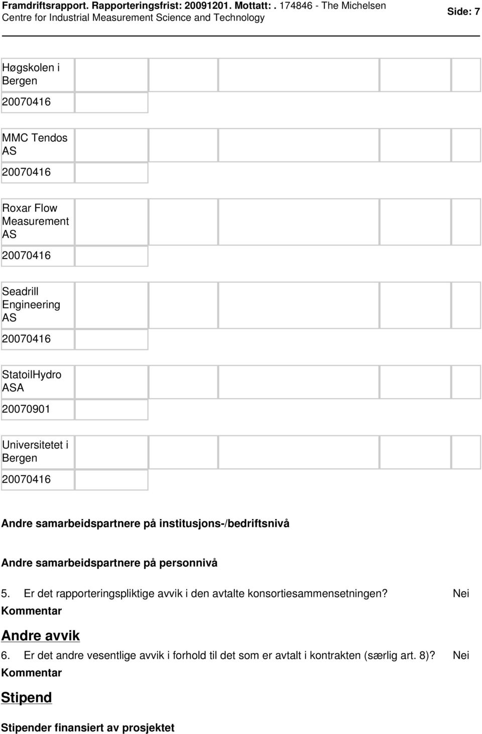 Er det rapporteringspliktige avvik i den avtalte konsortiesammensetningen? Nei Kommentar Andre avvik 6.