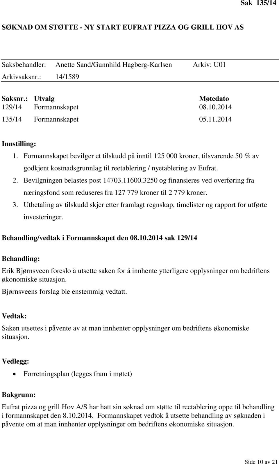 Formannskapet bevilger et tilskudd på inntil 125 000 kroner, tilsvarende 50 % av godkjent kostnadsgrunnlag til reetablering / nyetablering av Eufrat. 2. Bevilgningen belastes post 14703.11600.