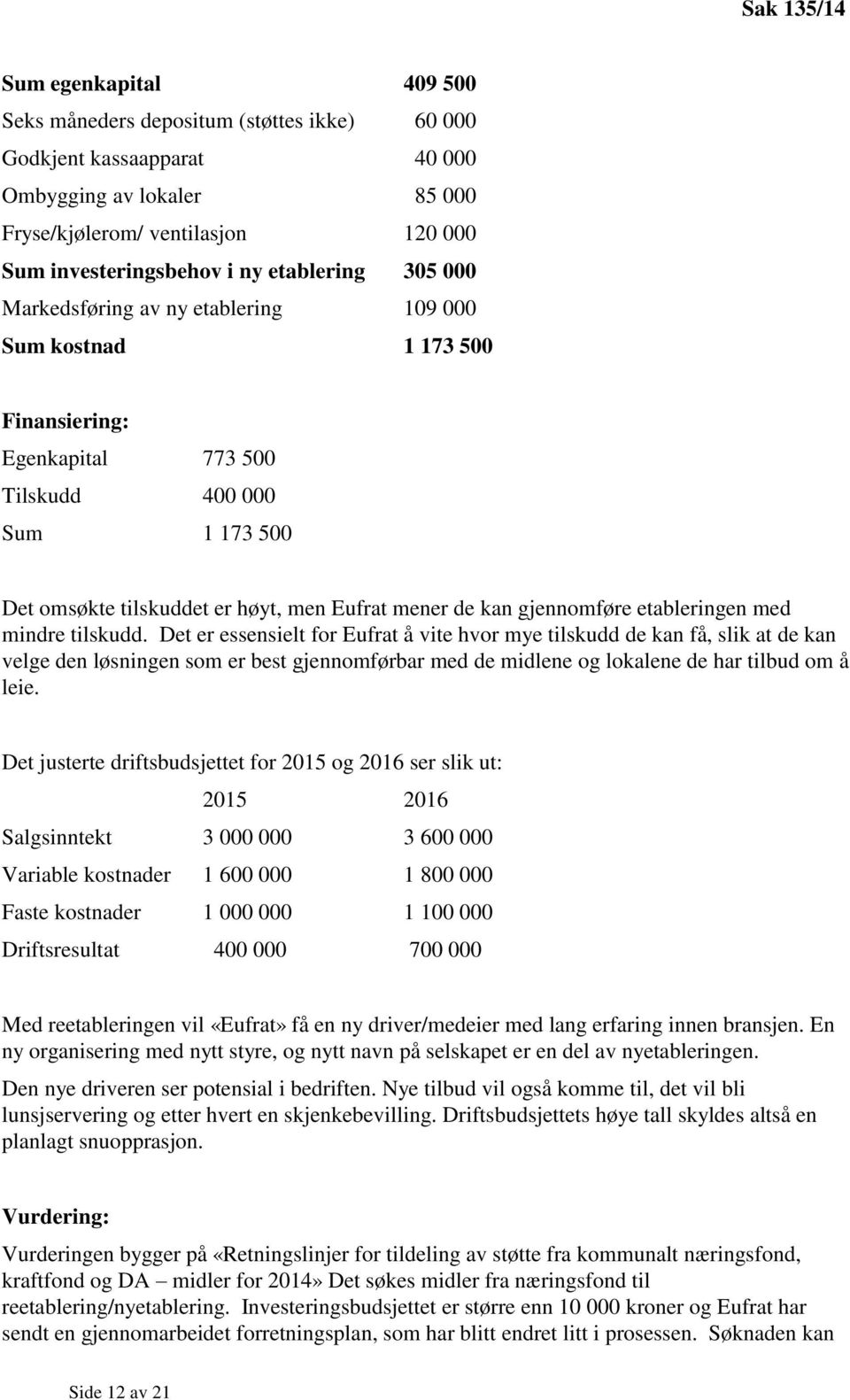 kan gjennomføre etableringen med mindre tilskudd.