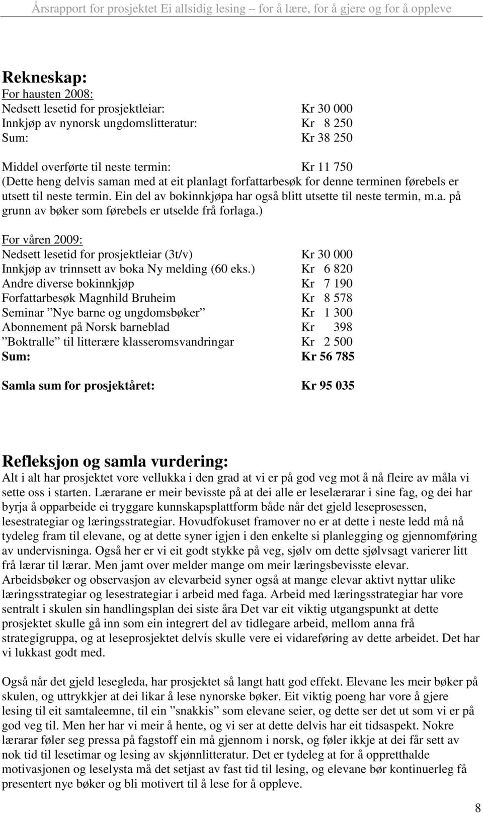 ) For våren 2009: Nedsett lesetid for prosjektleiar (3t/v) Kr 30 000 Innkjøp av trinnsett av boka Ny melding (60 eks.