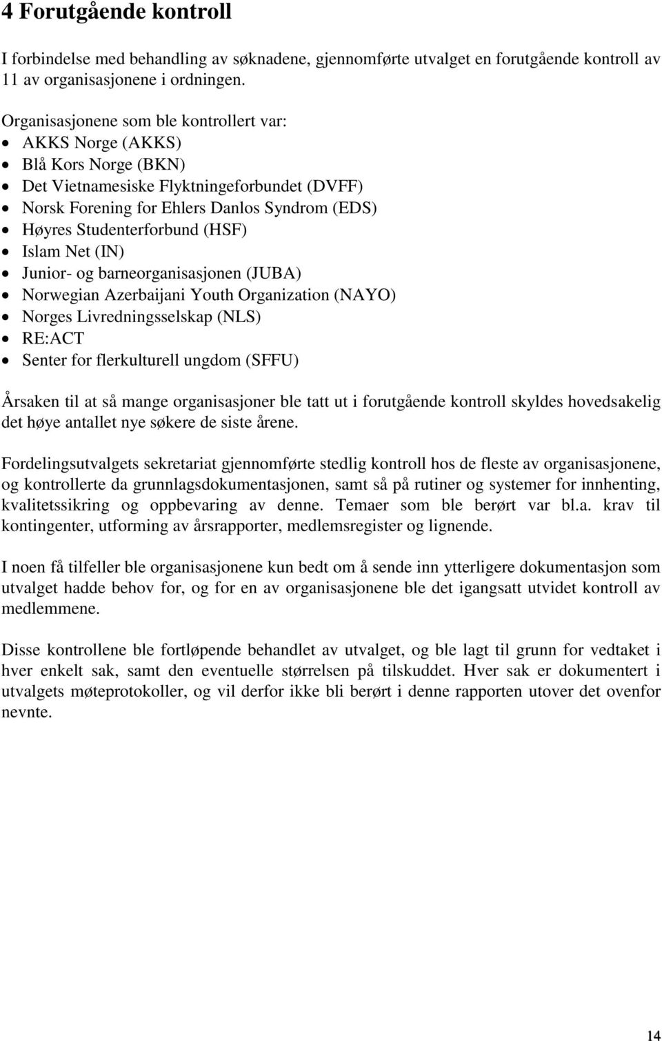 (HSF) Islam Net (IN) Junior- og barneorganisasjonen (JUBA) Norwegian Azerbaijani Youth Organization (NAYO) Norges Livredningsselskap (NLS) RE:ACT Senter for flerkulturell ungdom (SFFU) Årsaken til at