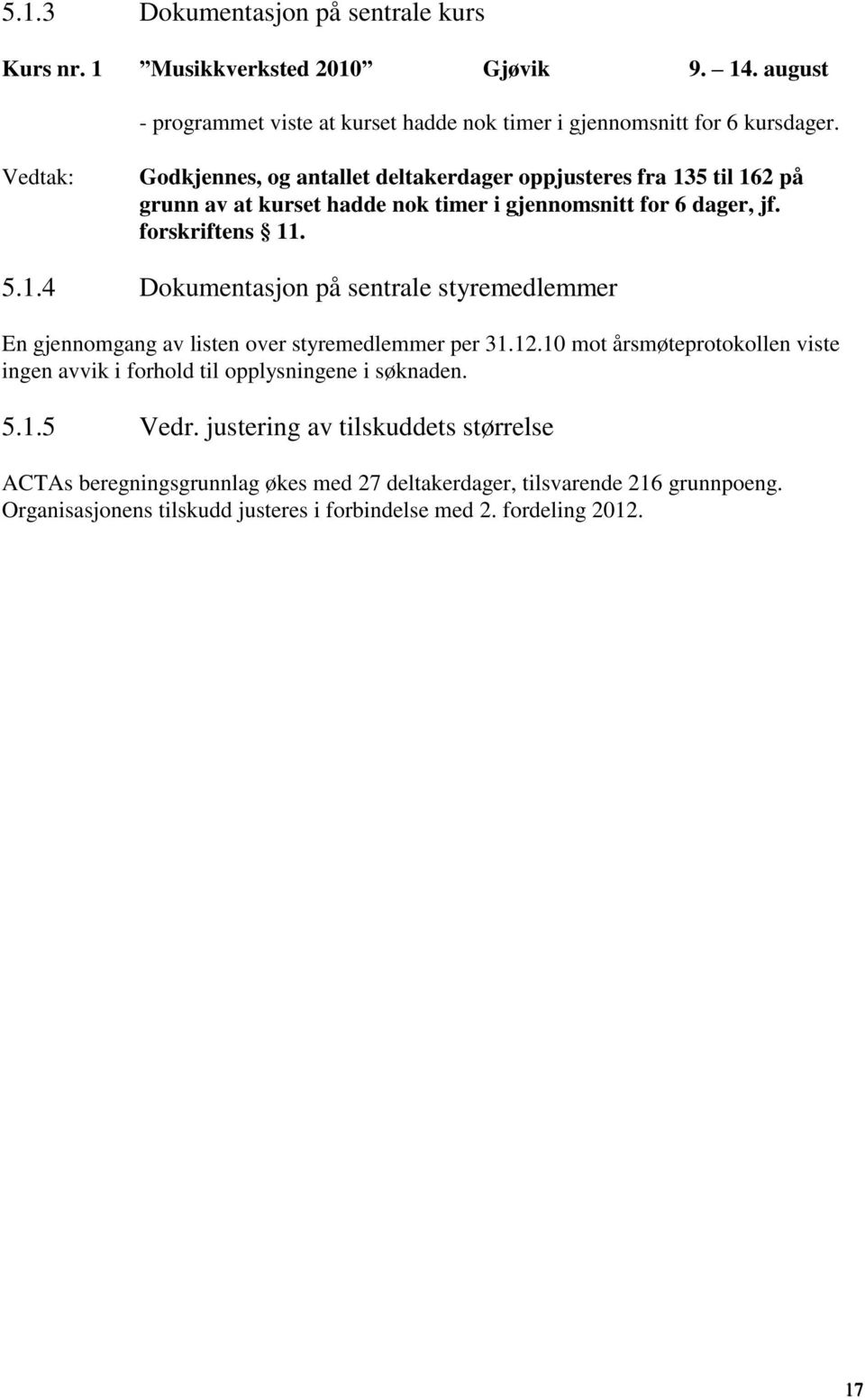 12.10 mot årsmøteprotokollen viste ingen avvik i forhold til opplysningene i søknaden. 5.1.5 Vedr.