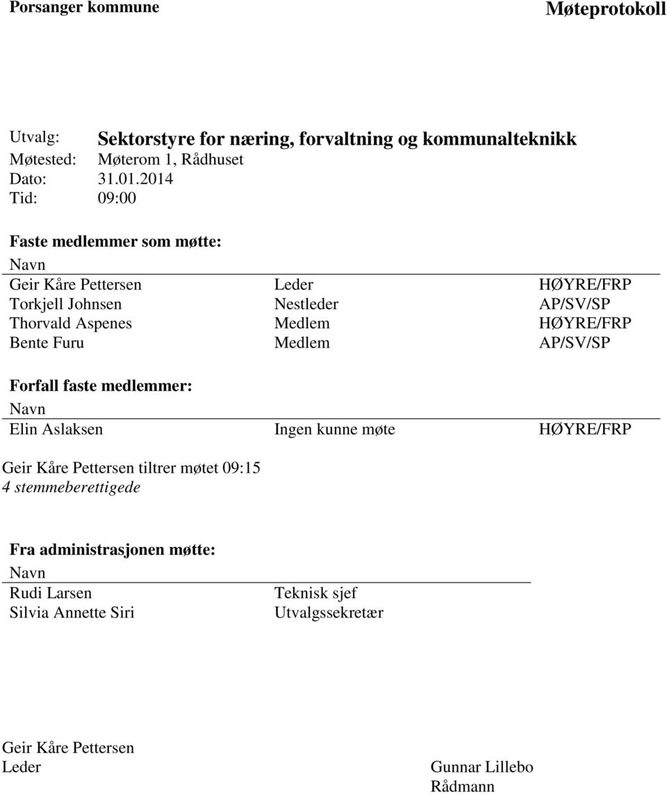 HØYRE/FRP Bente Furu Medlem AP/SV/SP Forfall faste medlemmer: Navn Elin Aslaksen Ingen kunne møte HØYRE/FRP Geir Kåre Pettersen tiltrer møtet 09:15