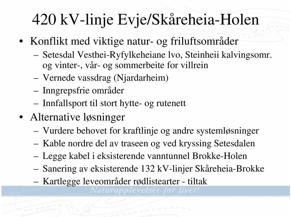 Alternative løsninger Vurdere behovet for kraftlinje og andre systemløsninger Kable nordre del av traseen og ved kryssing Setesdalen Legge