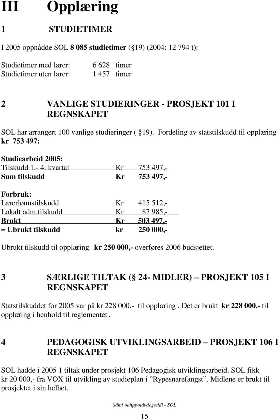 kvartal Kr 753 497,- Sum tilskudd Kr 753 497,- Forbruk: Lærerlønnstilskudd Kr 415 512,- Lokalt adm.