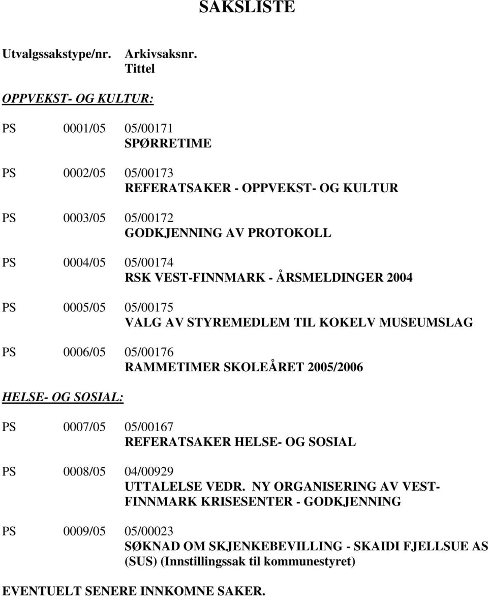 05/00174 RSK VEST-FINNMARK - ÅRSMELDINGER 2004 PS 0005/05 05/00175 VALG AV STYREMEDLEM TIL KOKELV MUSEUMSLAG PS 0006/05 05/00176 RAMMETIMER SKOLEÅRET 2005/2006 HELSE- OG