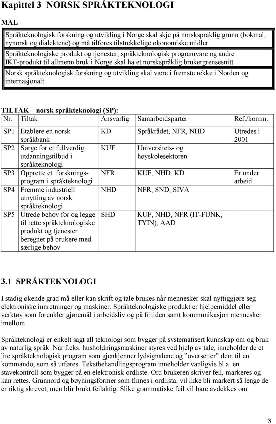 utvikling skal være i fremste rekke i Norden og internasjonalt TILTAK norsk språkteknologi (SP): Nr. Tiltak Ansvarlig Samarbeidsparter Ref./komm.