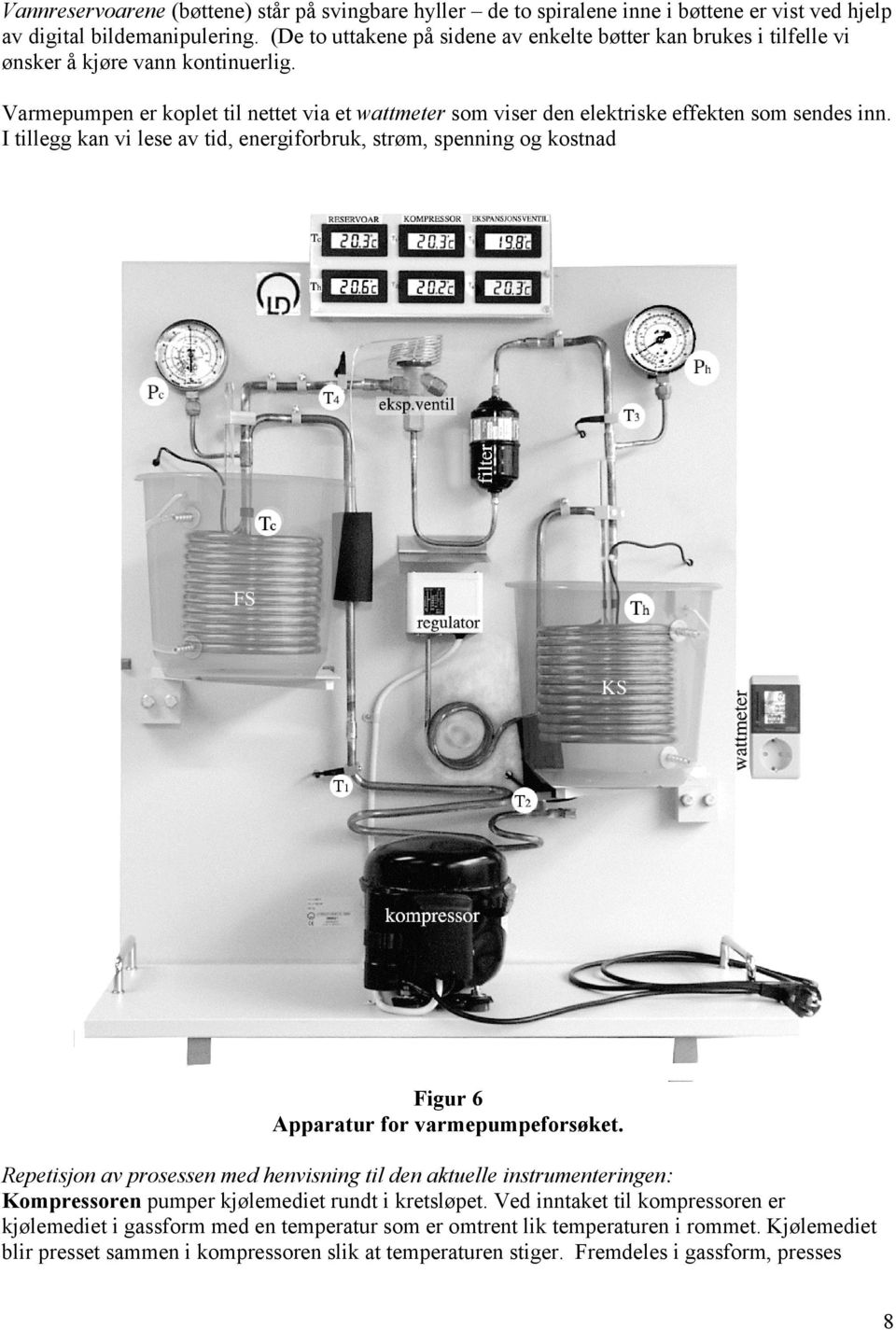 Varmepumpen er koplet til nettet via et wattmeter som viser den elektriske effekten som sendes inn.