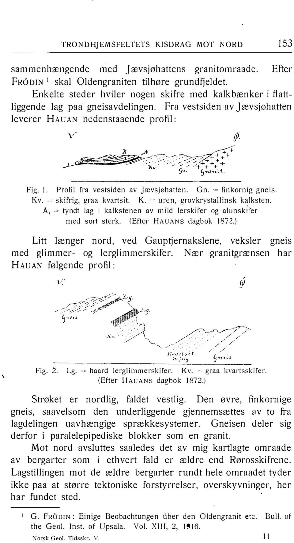 Gn. - finkornig gneis. Kv. skifrig, graa kvartsit. K. uren, grovkrystallinsk kalksten. A. = tyndt lag i kalkstenen av mild lerskifer og alunskifer med sort sterk. (Efter HAUANS dagbok 1872.