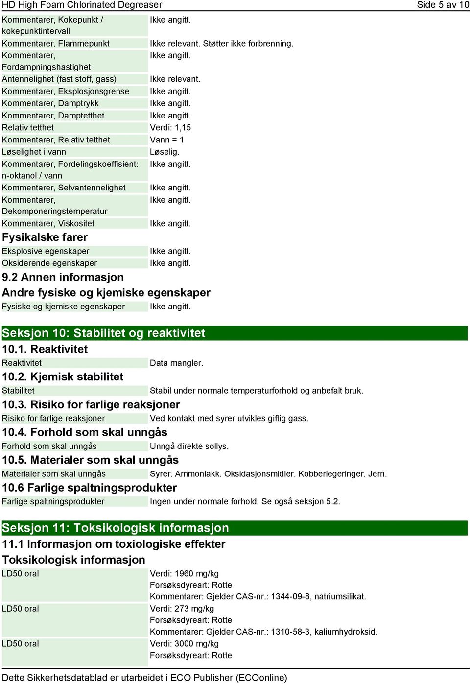 Kommentarer, Eksplosjonsgrense Kommentarer, Damptrykk Kommentarer, Damptetthet Relativ tetthet Verdi: 1,15 Kommentarer, Relativ tetthet Vann = 1 Løselighet i vann Løselig.