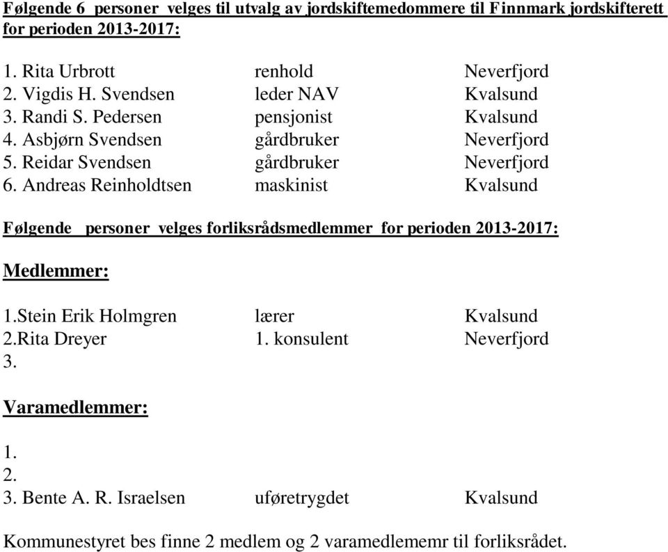 Andreas Reinholdtsen maskinist Kvalsund Følgende personer velges forliksrådsmedlemmer for perioden 2013-2017: Medlemmer: 1.Stein Erik Holmgren lærer Kvalsund 2.