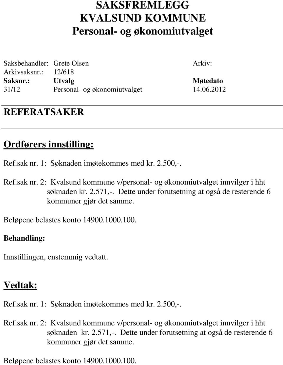 Dette under forutsetning at også de resterende 6 kommuner gjør det samme. Beløpene belastes konto 14900.1000.100. Behandling: Innstillingen, enstemmig vedtatt. Vedtak: Ref.sak nr.