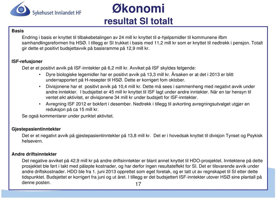 ISF-refusjoner Det er et positivt avvik på ISF-inntekter på 6,2 mill kr. Avviket på ISF skyldes følgende: Dyre biologiske legemidler har er positivt avvik på 13,3 mill kr.