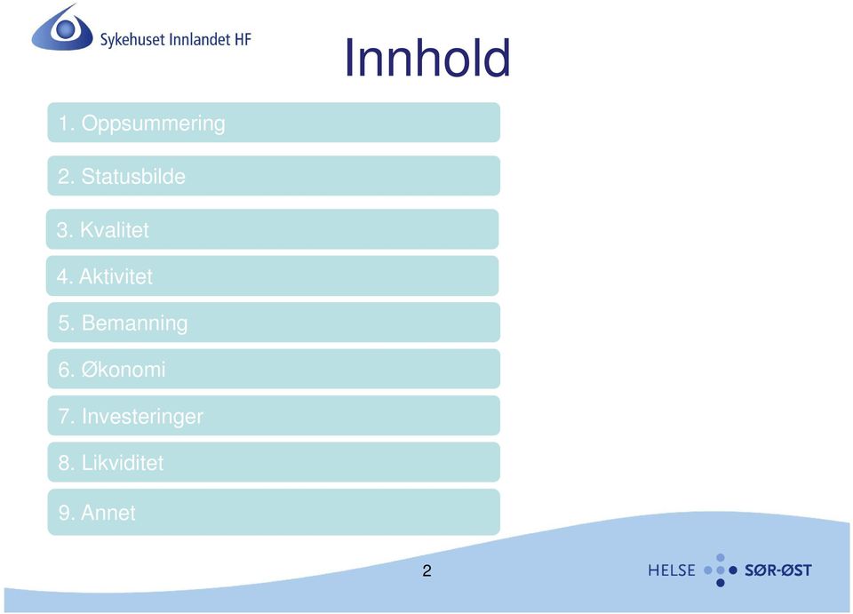 Aktivitet 5. Bemanning 6. Økonomi 7.