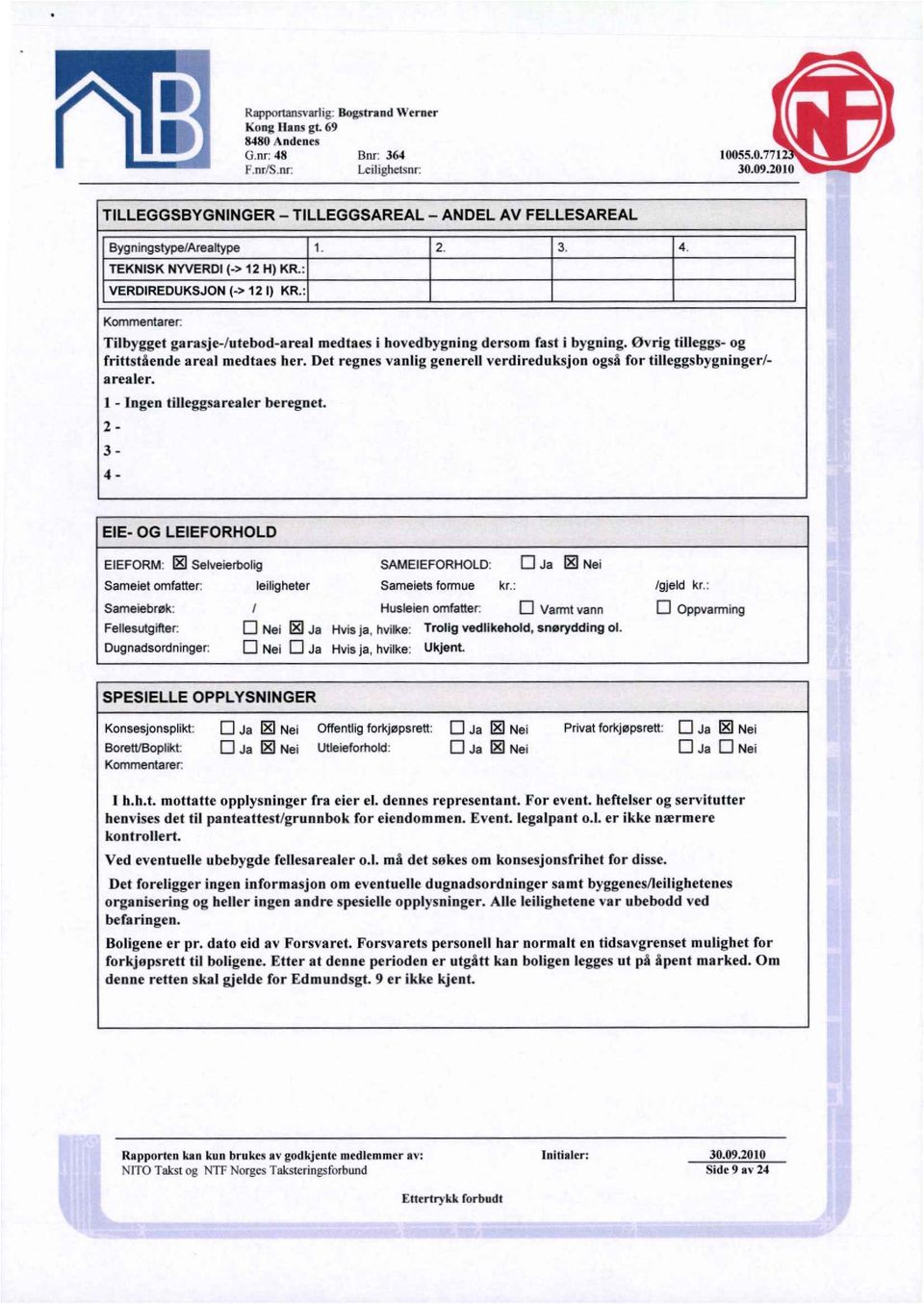 Øvrig tilleggs- og frittstående areal medtaes her. Det regnes vanlig generell verdireduksjon også for tilleggsbygninger/- arealer. 1 - Ingen tilleggsarealer beregnet.