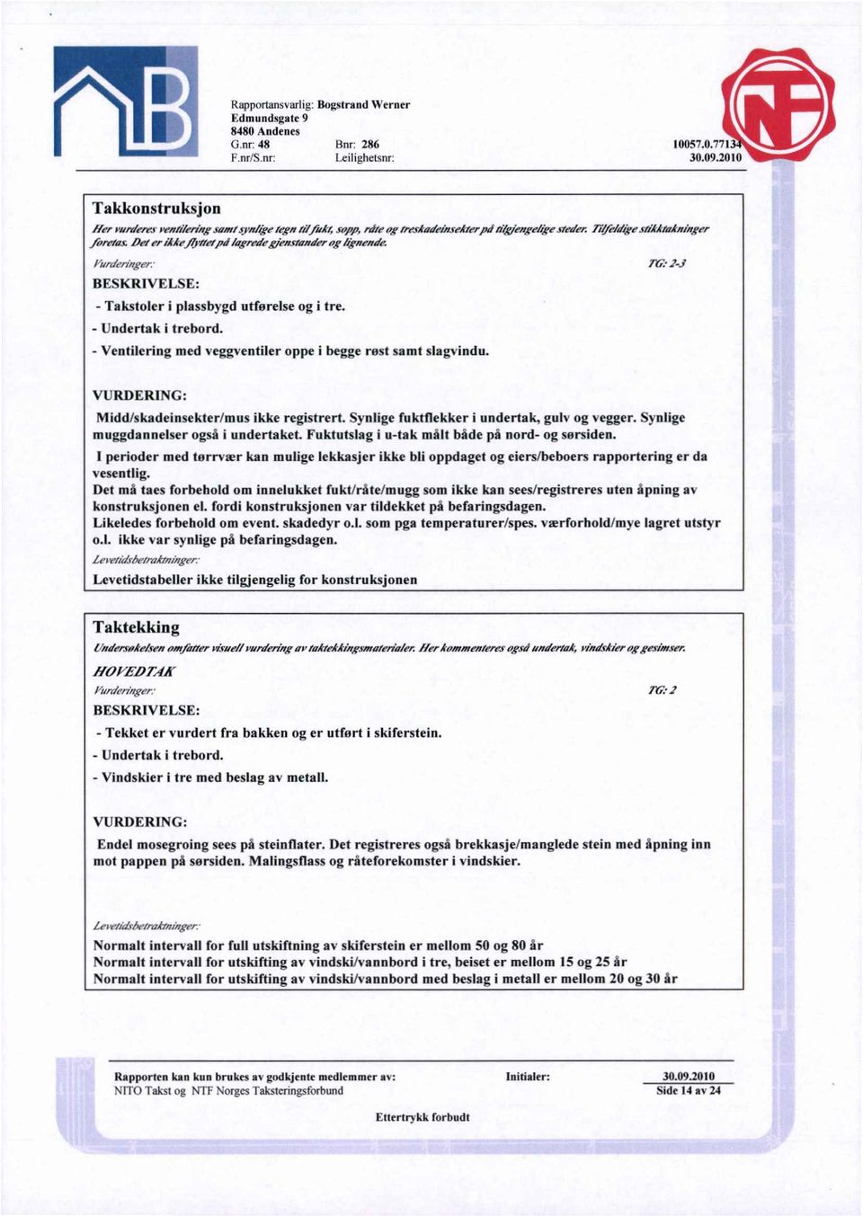 kettende. l'unholkeer: - Takstoler i plassbygd utførelse og i tre. - Undertak i trebord. - Ventilering med veggventiler oppe i begge røst samt slagvindu. TC: Midd/skadeinsekter/mus ikke registrert.