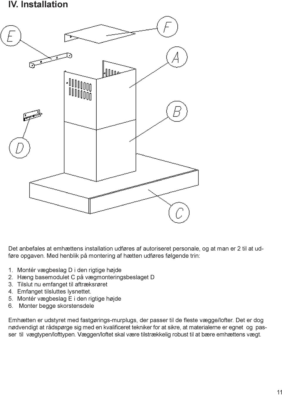 Tilslut nu emfanget til aftræksrøret 4. Emfanget tilsluttes lysnettet. 5. Montér vægbeslag E i den rigtige højde 6.