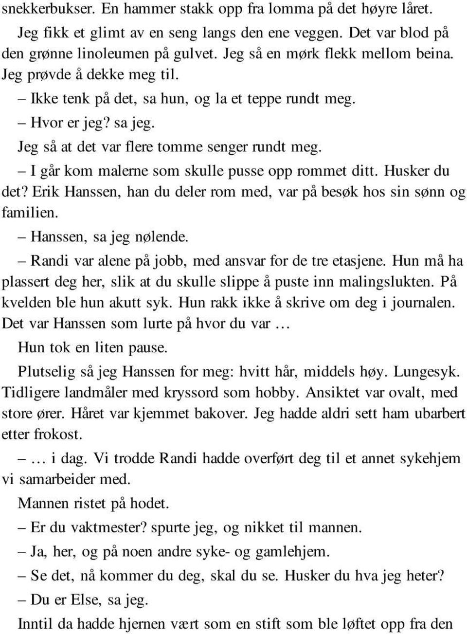 Husker du det? Erik Hanssen, han du deler rom med, var på besøk hos sin sønn og familien. Hanssen, sa jeg nølende. Randi var alene på jobb, med ansvar for de tre etasjene.