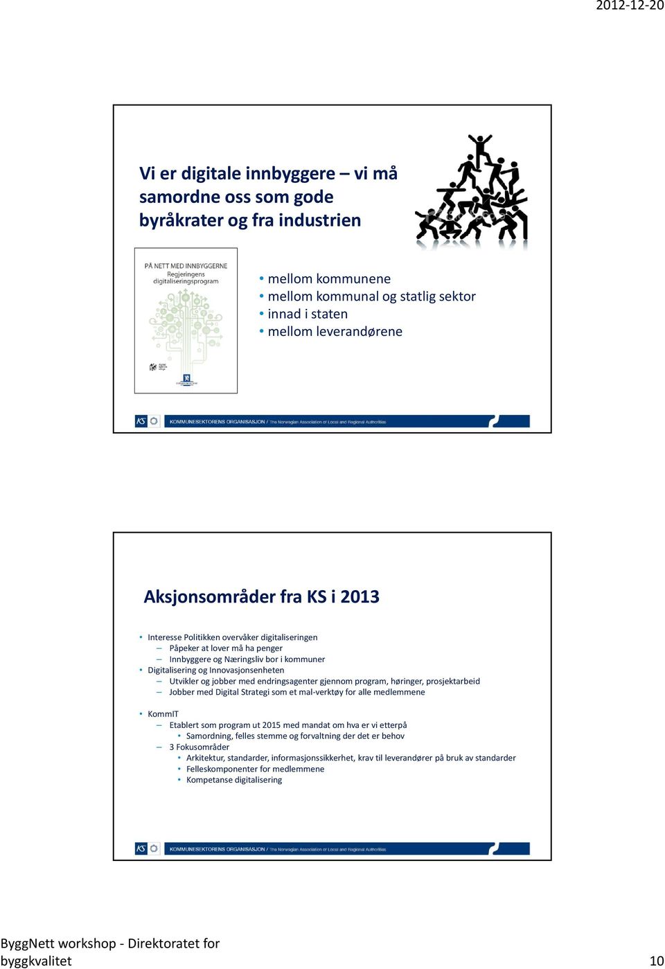 gjennom program, høringer, prosjektarbeid Jobber med Digital Strategi som et mal verktøy for alle medlemmene KommIT Etablert som program ut 2015 med mandat om hva er vi etterpå Samordning, felles