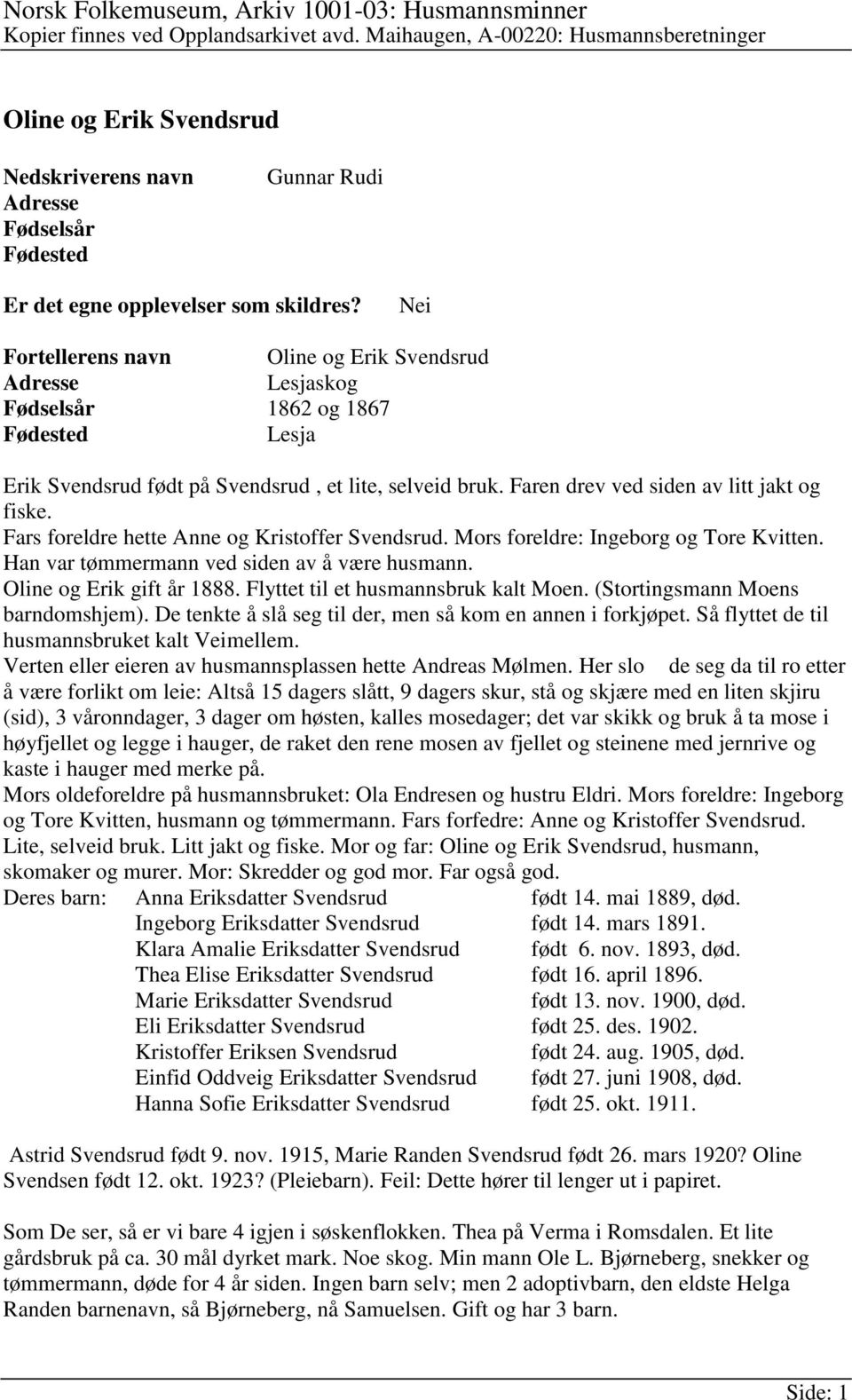 Faren drev ved siden av litt jakt og fiske. Fars foreldre hette Anne og Kristoffer Svendsrud. Mors foreldre: Ingeborg og Tore Kvitten. Han var tømmermann ved siden av å være husmann.