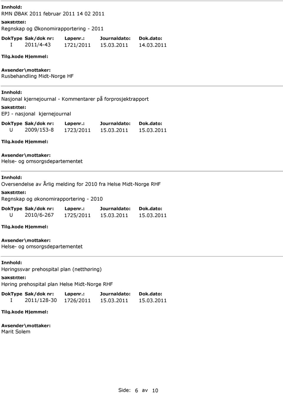 Oversendelse av Årlig melding for 2010 fra Helse Midt-Norge RHF Regnskap og økonomirapportering - 2010 2010/6-267 1725/2011 Helse- og